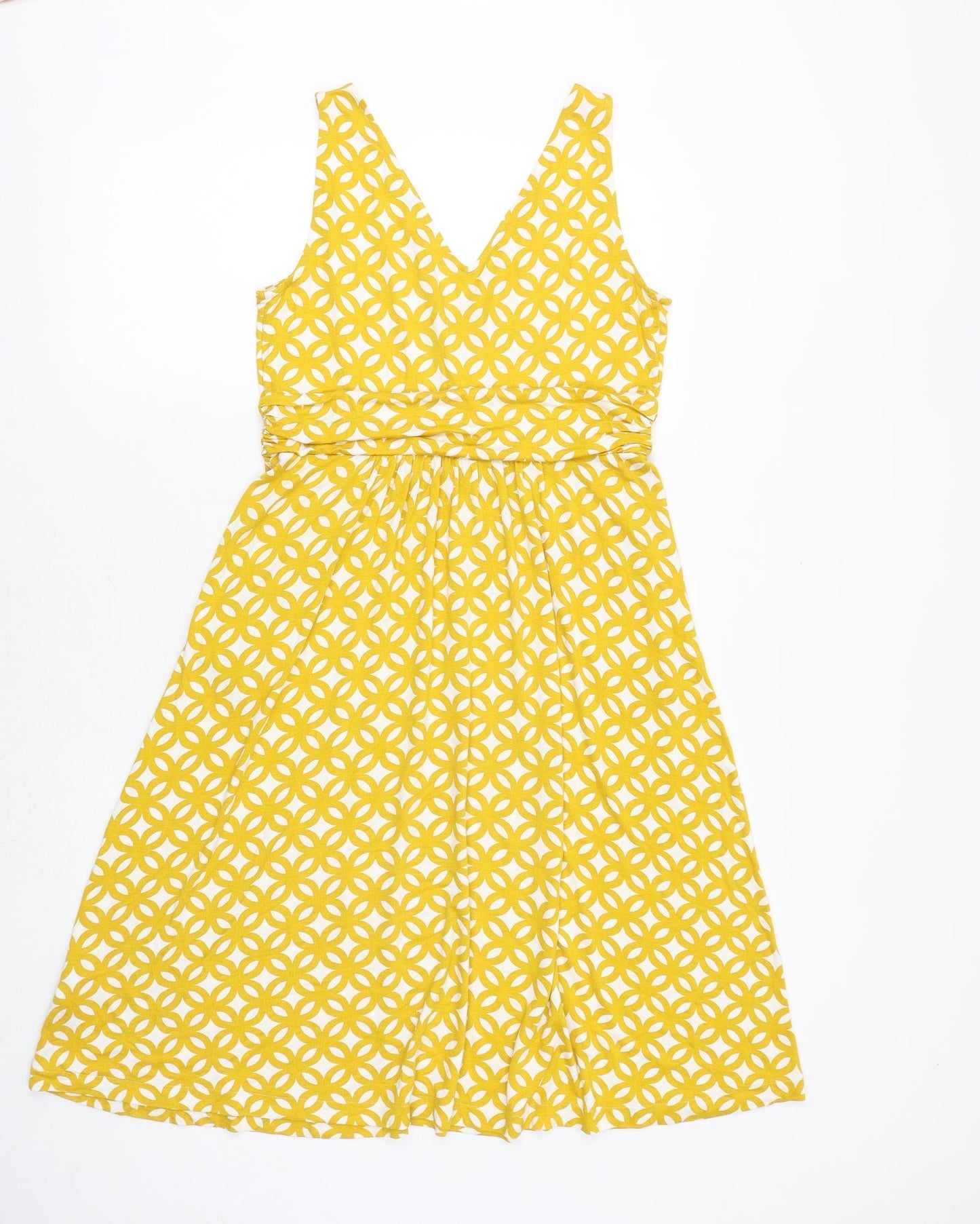 Boden Womens Yellow Geometric Viscose Fit & Flare Size 12 V-Neck Pullover