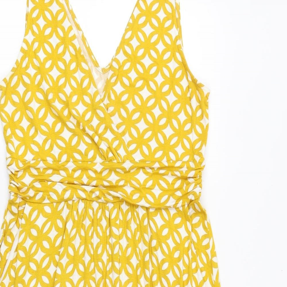 Boden Womens Yellow Geometric Viscose Fit & Flare Size 12 V-Neck Pullover