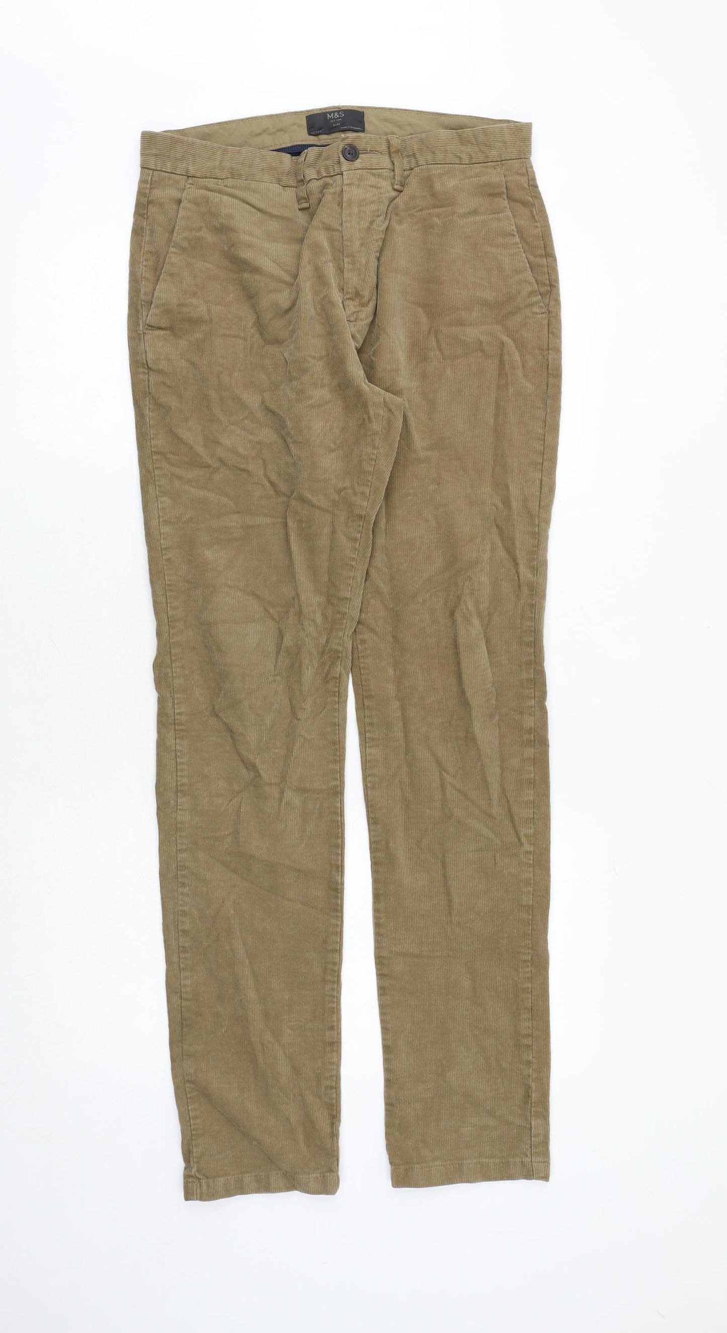 Marks and Spencer Mens Brown Cotton Trousers Size 30 in L33 in Regular Zip