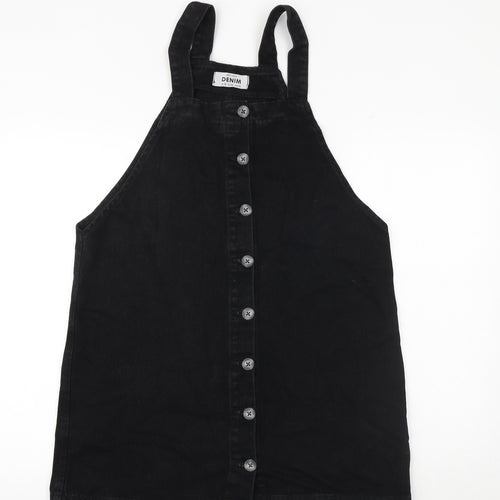 New Look Womens Black 100% Cotton Pinafore/Dungaree Dress Size 14 Square Neck Button