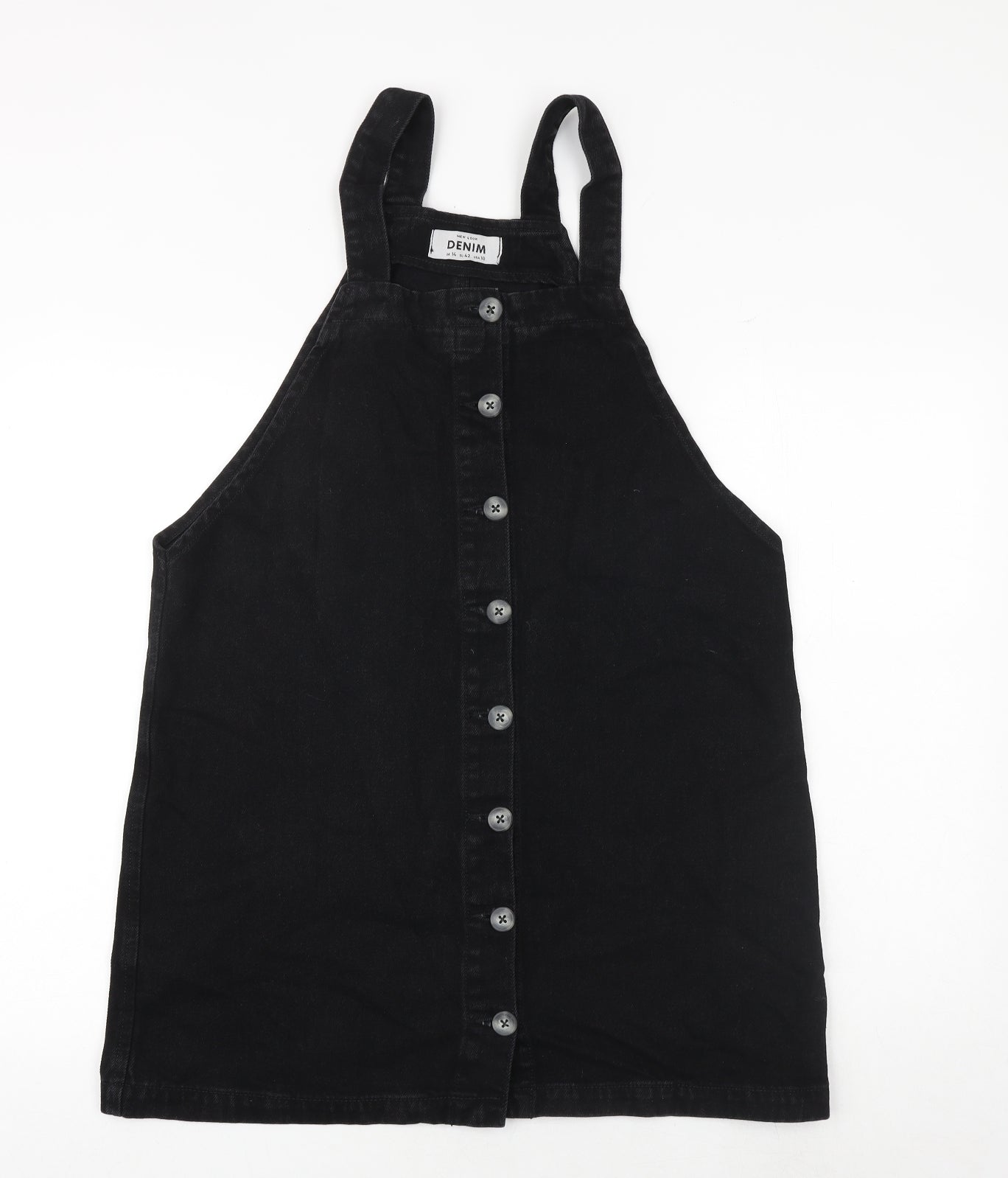 New Look Womens Black 100% Cotton Pinafore/Dungaree Dress Size 14 Square Neck Button