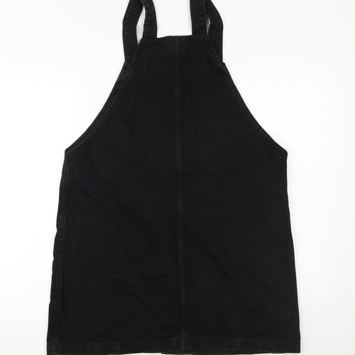 New Look Womens Black 100% Cotton Pinafore/Dungaree Dress Size 14 Square Neck Button