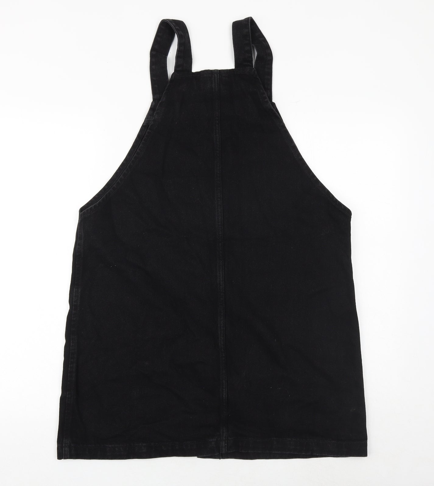 New Look Womens Black 100% Cotton Pinafore/Dungaree Dress Size 14 Square Neck Button