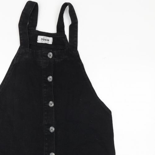 New Look Womens Black 100% Cotton Pinafore/Dungaree Dress Size 14 Square Neck Button