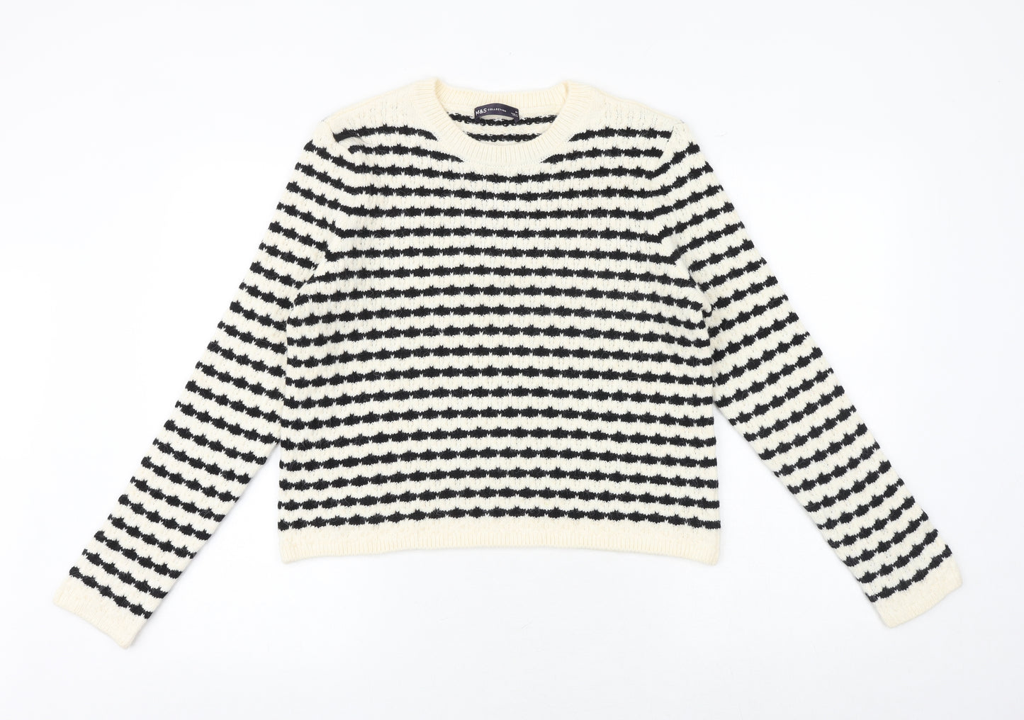 Marks and Spencer Womens Black Round Neck Striped Acrylic Pullover Jumper Size M