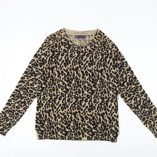 Marks and Spencer Womens Black Round Neck Animal Print Acrylic Pullover Jumper Size 10 - Leaf Print