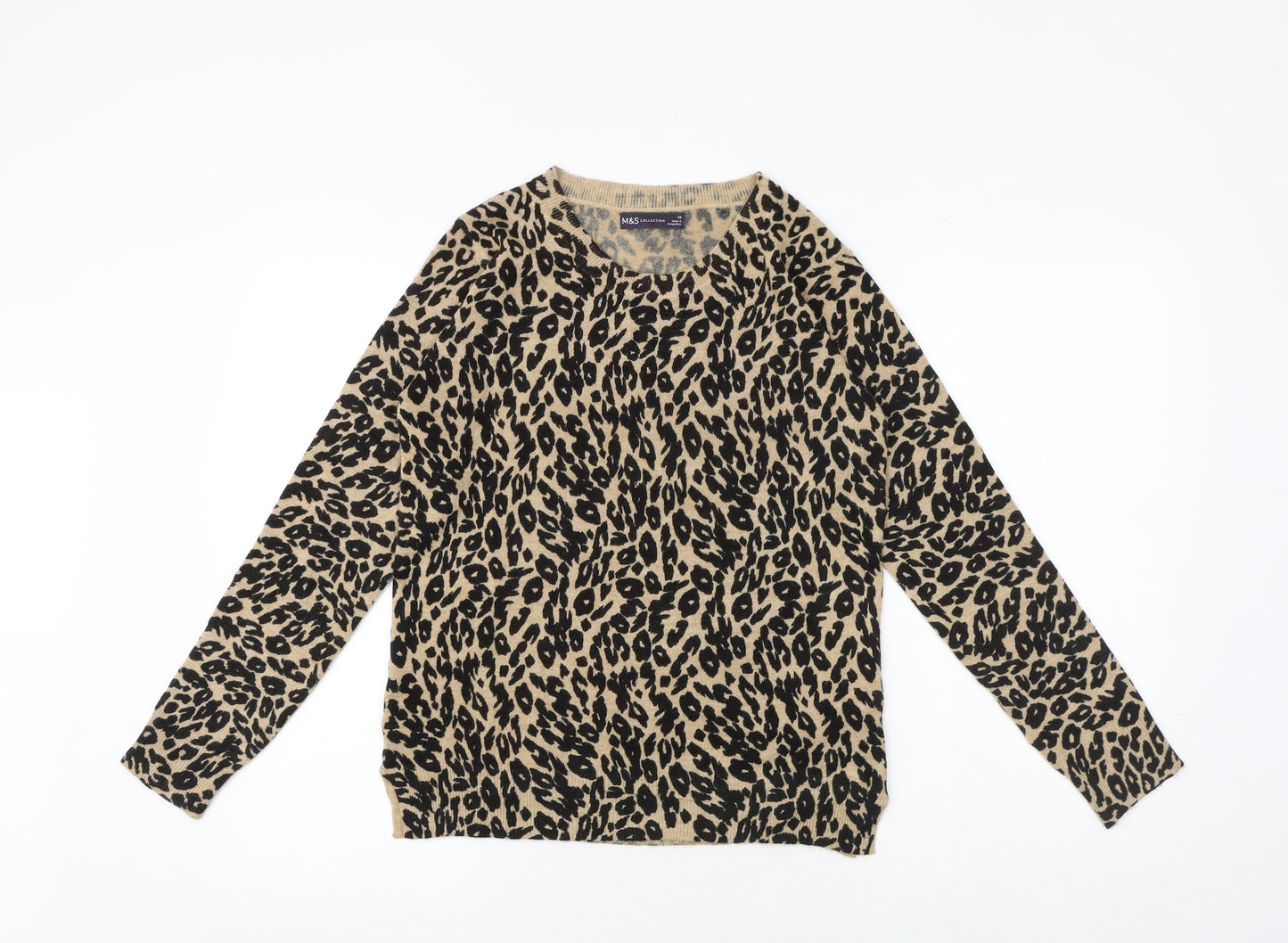 Marks and Spencer Womens Black Round Neck Animal Print Acrylic Pullover Jumper Size 10 - Leaf Print