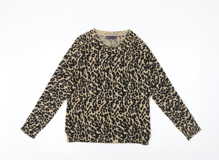 Marks and Spencer Womens Black Round Neck Animal Print Acrylic Pullover Jumper Size 10 - Leaf Print
