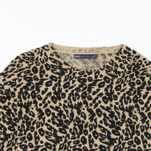 Marks and Spencer Womens Black Round Neck Animal Print Acrylic Pullover Jumper Size 10 - Leaf Print