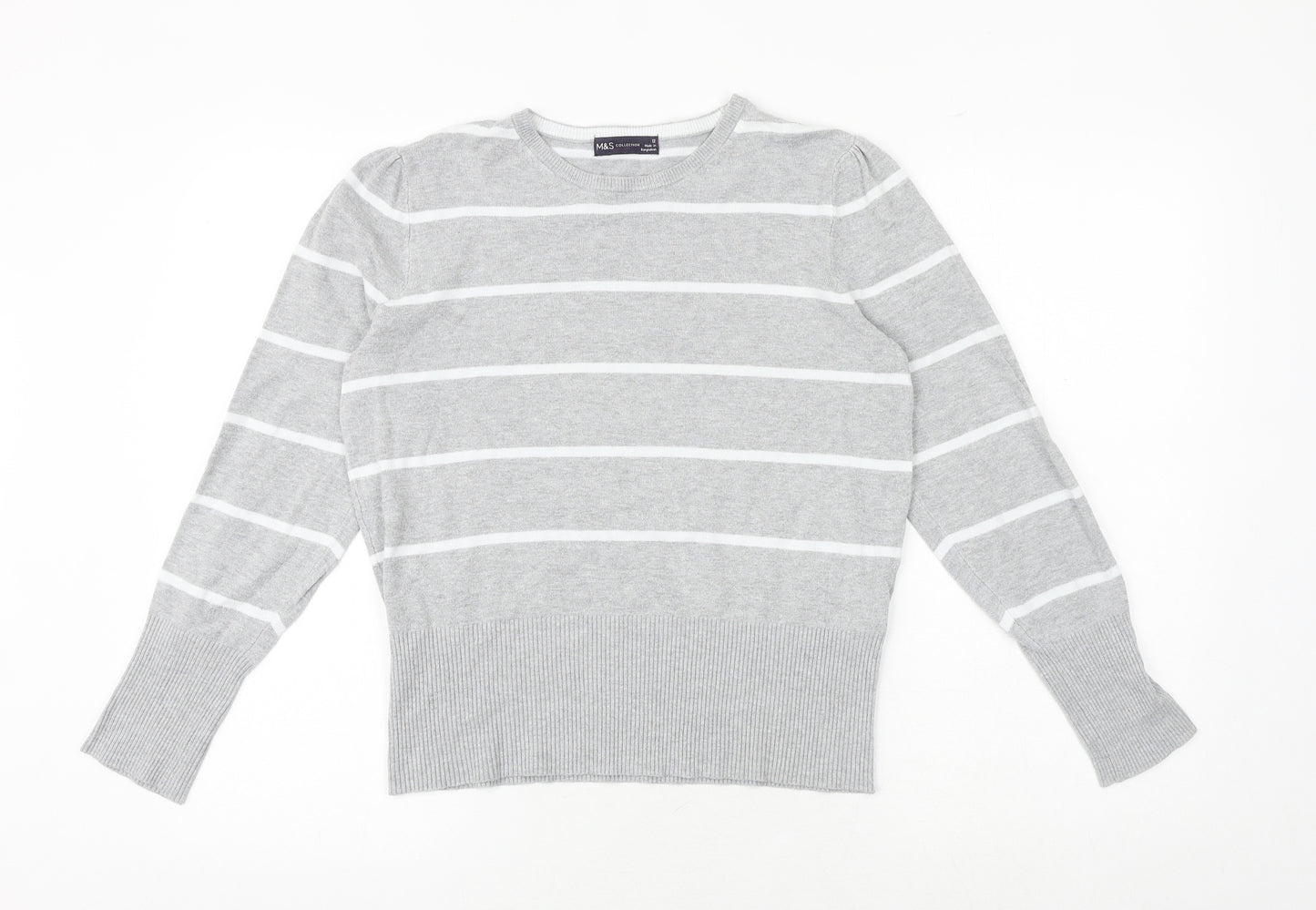 Marks and Spencer Womens Grey Round Neck Striped Viscose Pullover Jumper Size 12