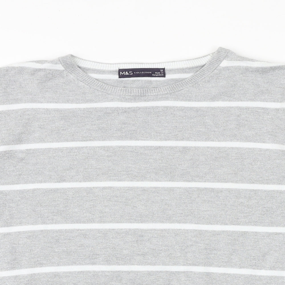 Marks and Spencer Womens Grey Round Neck Striped Viscose Pullover Jumper Size 12