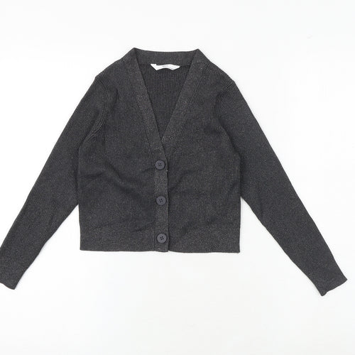 Marks and Spencer Girls Grey V-Neck Polyester Cardigan Jumper Size 7-8 Years Button