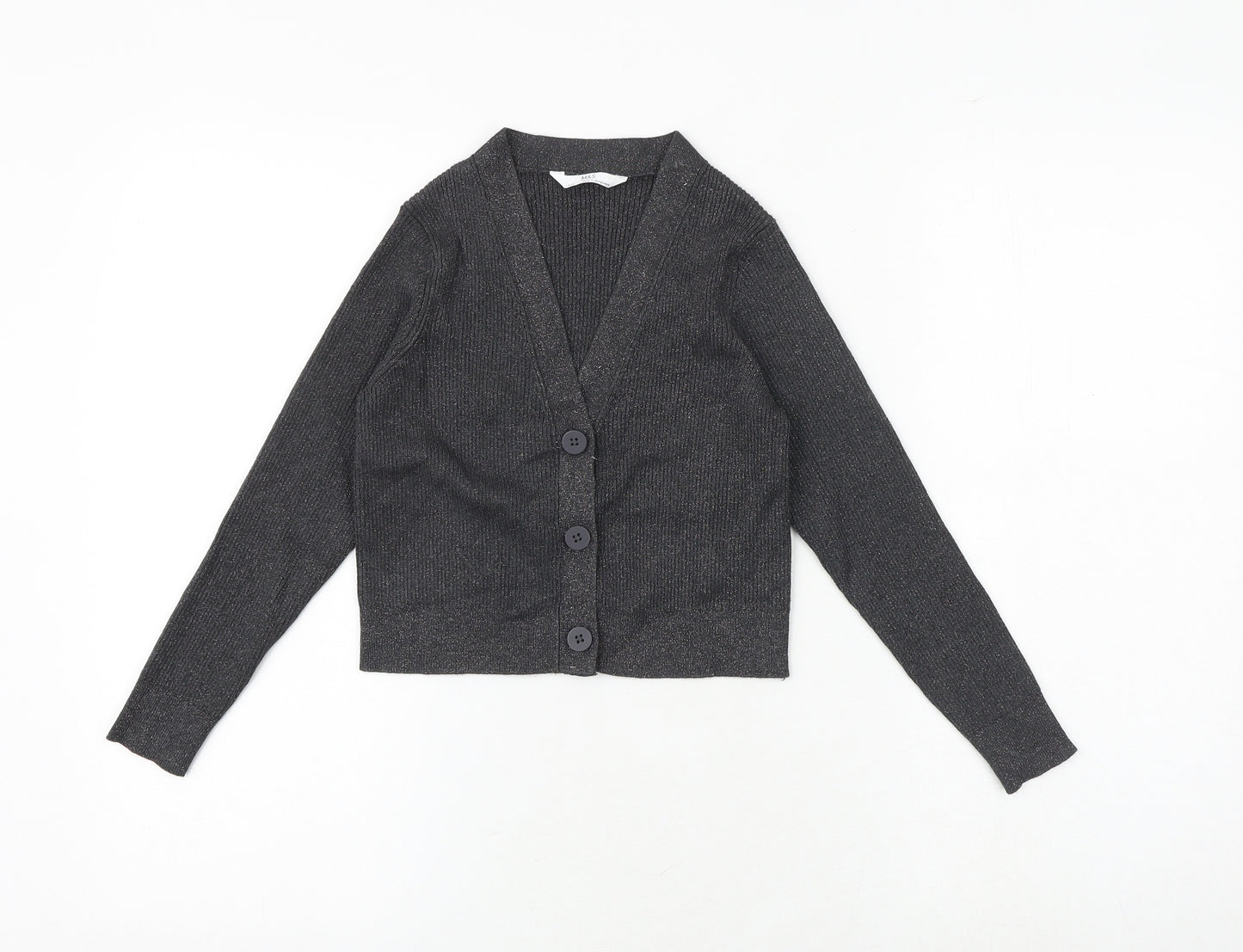 Marks and Spencer Girls Grey V-Neck Polyester Cardigan Jumper Size 7-8 Years Button
