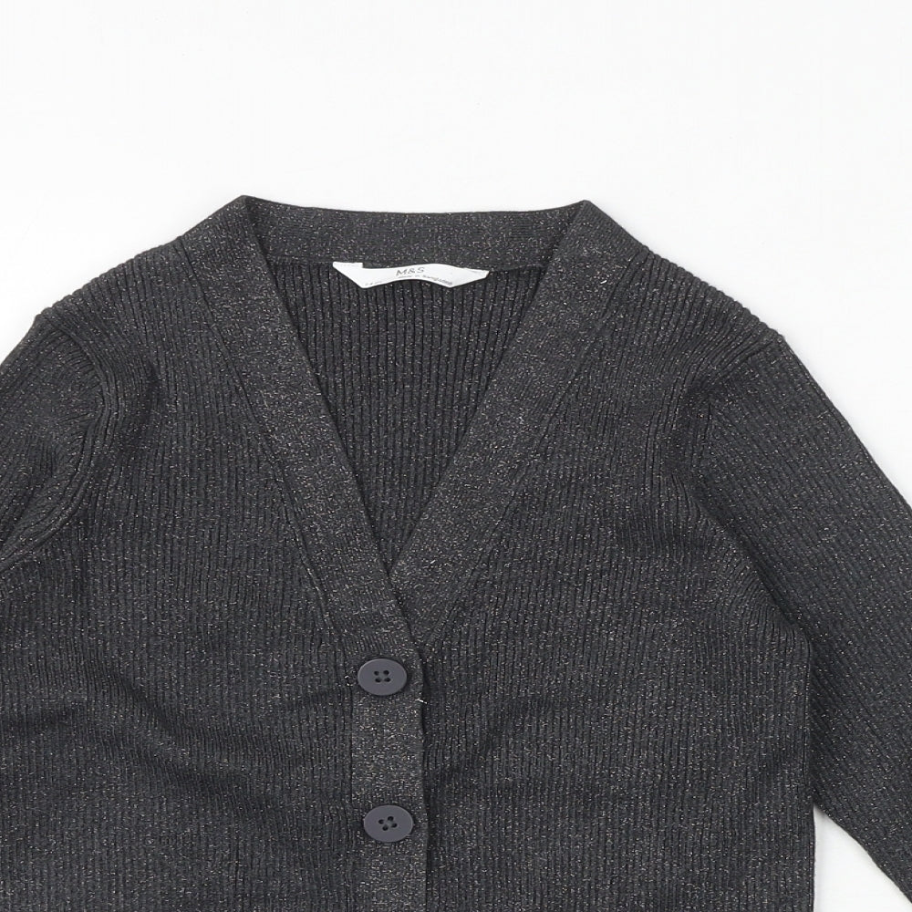 Marks and Spencer Girls Grey V-Neck Polyester Cardigan Jumper Size 7-8 Years Button