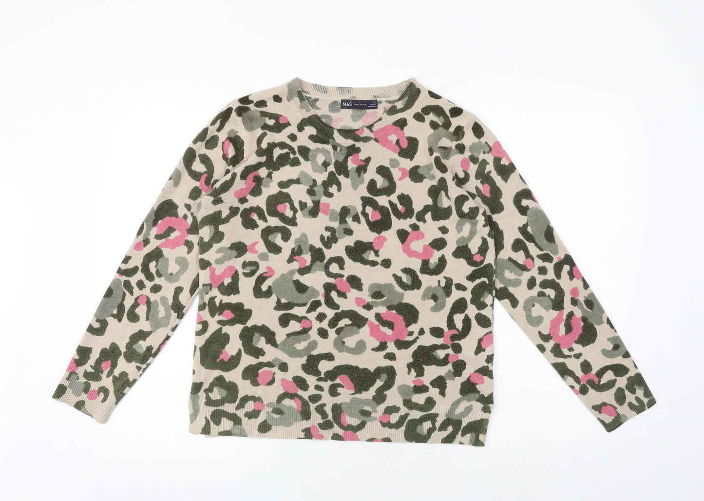 Marks and Spencer Womens Multicoloured Round Neck Animal Print Acrylic Pullover Jumper Size 12 - Leopard Pattern