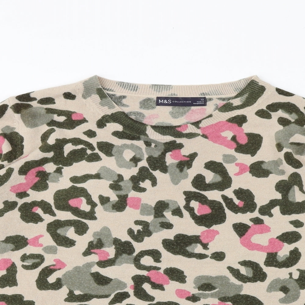 Marks and Spencer Womens Multicoloured Round Neck Animal Print Acrylic Pullover Jumper Size 12 - Leopard Pattern