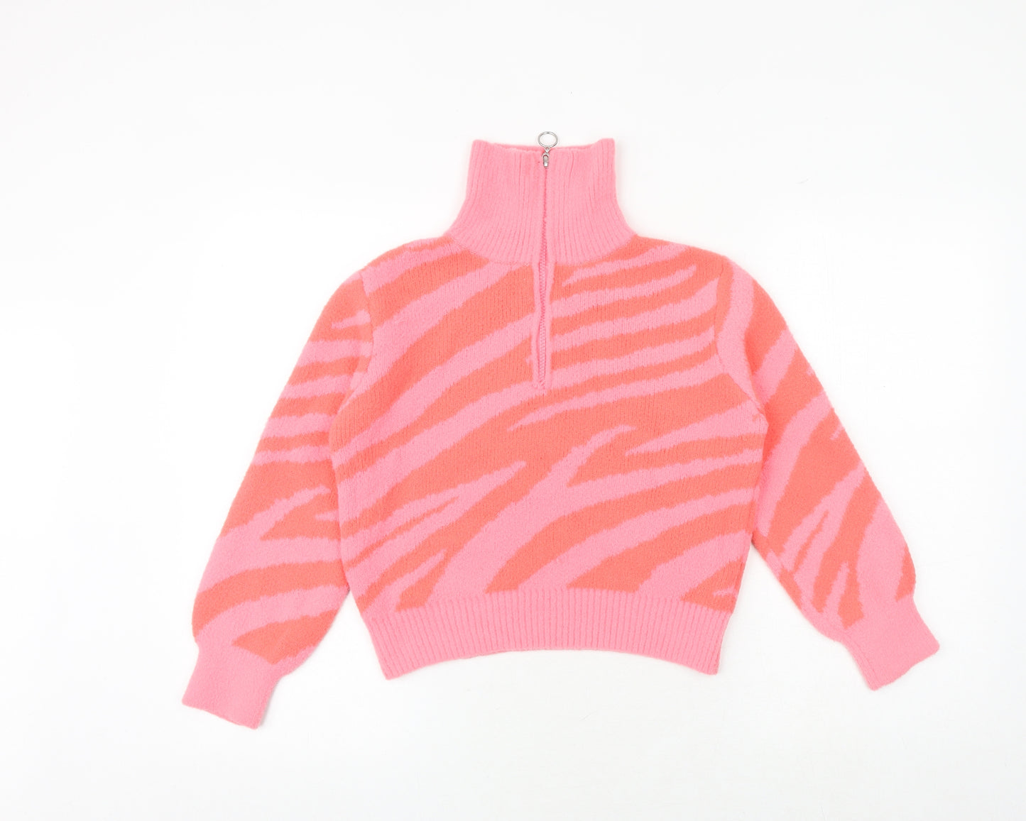 Marks and Spencer Girls Pink Roll Neck Animal Print Polyester Pullover Jumper Size 9-10 Years Zip - Zebra Print