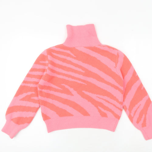 Marks and Spencer Girls Pink Roll Neck Animal Print Polyester Pullover Jumper Size 9-10 Years Zip - Zebra Print