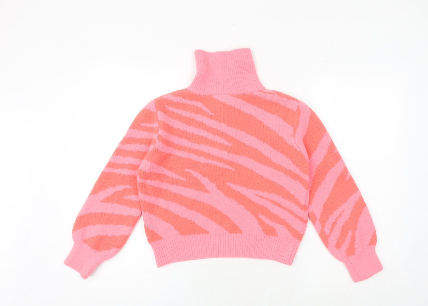 Marks and Spencer Girls Pink Roll Neck Animal Print Polyester Pullover Jumper Size 9-10 Years Zip - Zebra Print
