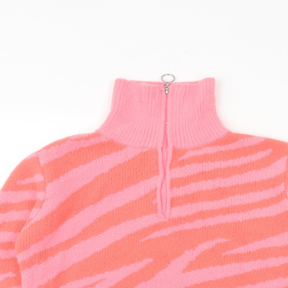 Marks and Spencer Girls Pink Roll Neck Animal Print Polyester Pullover Jumper Size 9-10 Years Zip - Zebra Print