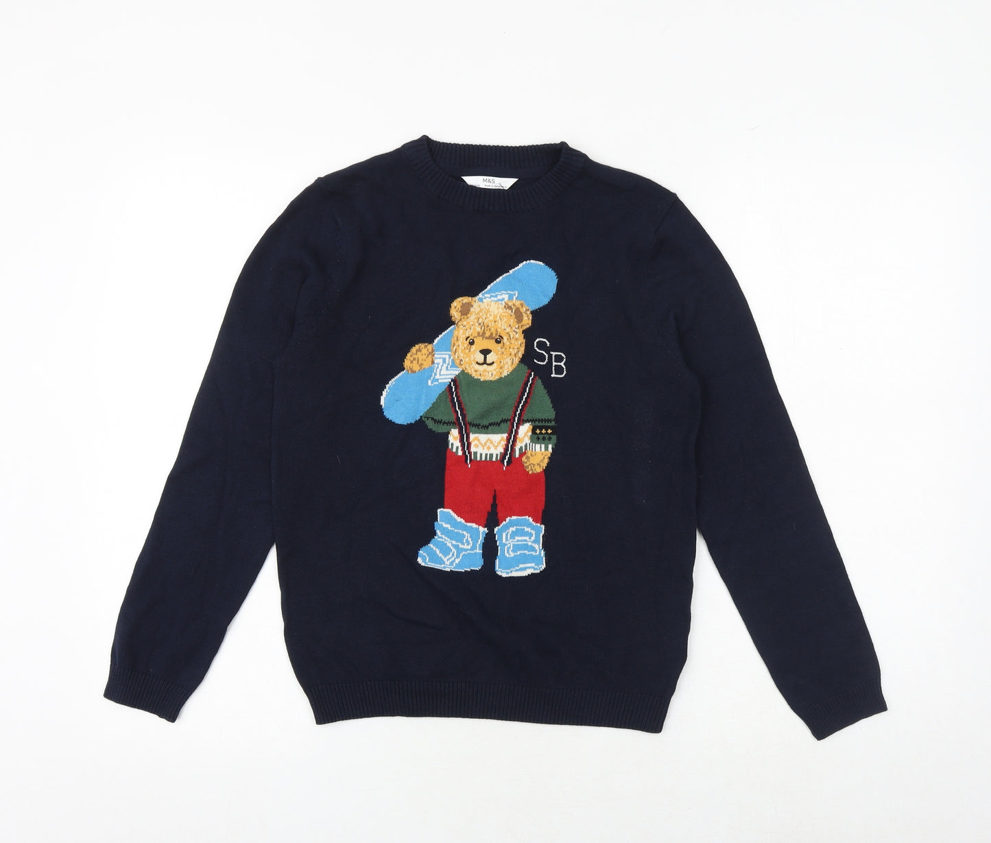 Marks and Spencer Boys Blue Round Neck 100% Cotton Pullover Jumper Size 10-11 Years Pullover - Teddy Bear Snowboard