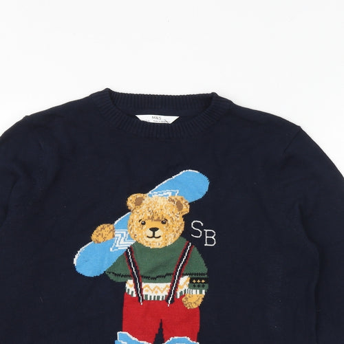 Marks and Spencer Boys Blue Round Neck 100% Cotton Pullover Jumper Size 10-11 Years Pullover - Teddy Bear Snowboard