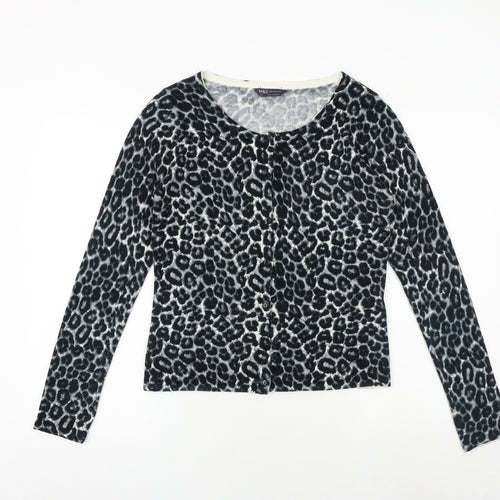Marks and Spencer Womens Black Round Neck Animal Print Polyester Cardigan Jumper Size 14 - Leopard Pattern