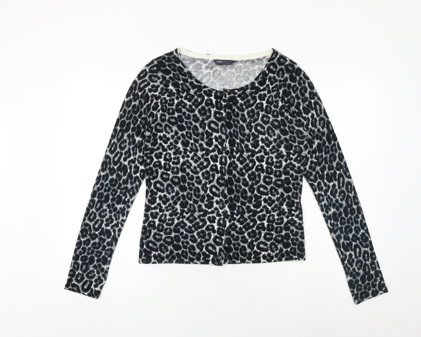 Marks and Spencer Womens Black Round Neck Animal Print Polyester Cardigan Jumper Size 14 - Leopard Pattern