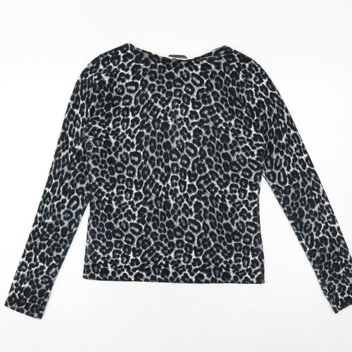 Marks and Spencer Womens Black Round Neck Animal Print Polyester Cardigan Jumper Size 14 - Leopard Pattern