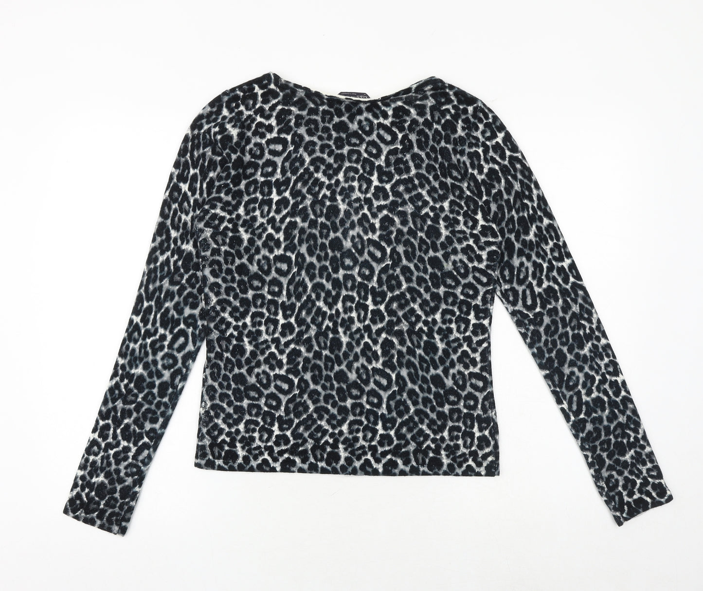 Marks and Spencer Womens Black Round Neck Animal Print Polyester Cardigan Jumper Size 14 - Leopard Pattern
