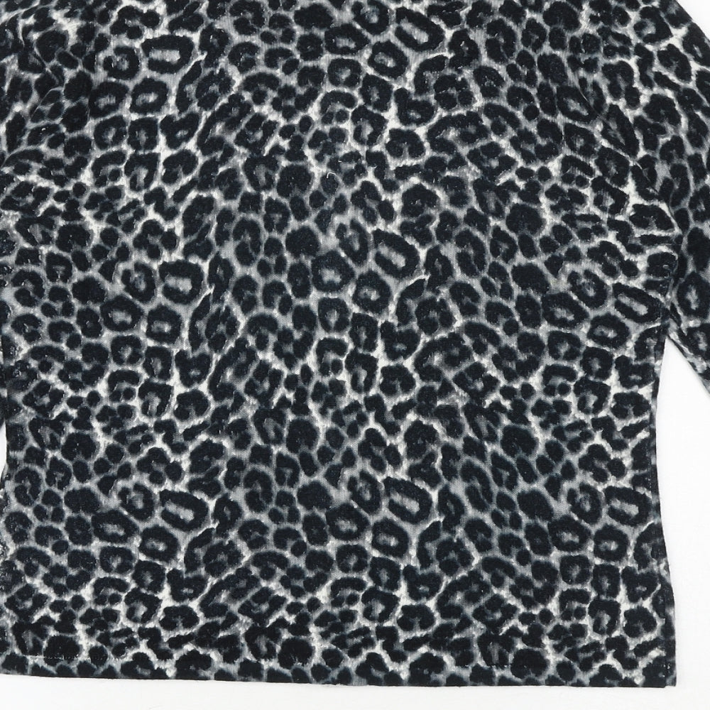 Marks and Spencer Womens Black Round Neck Animal Print Polyester Cardigan Jumper Size 14 - Leopard Pattern
