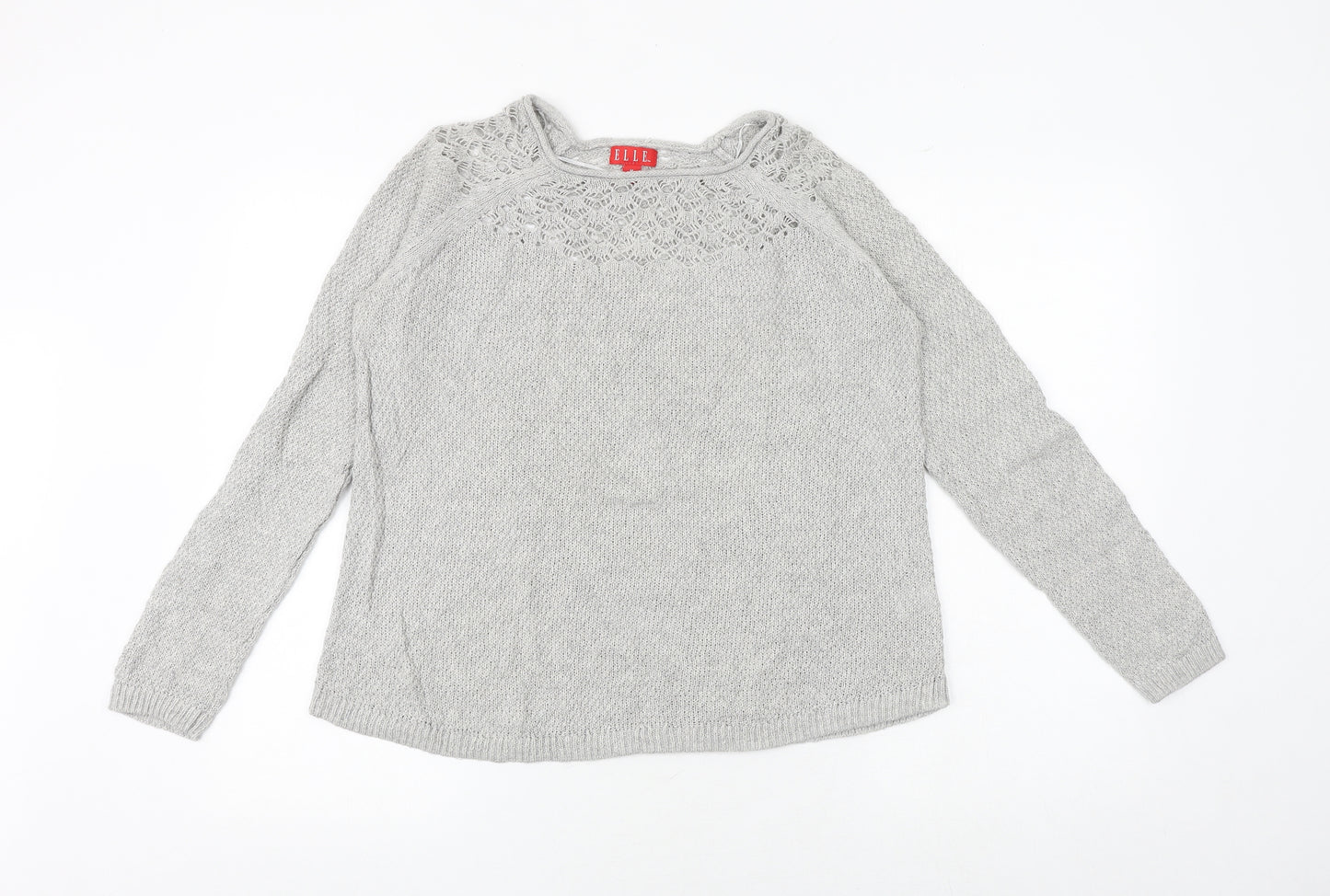 ELLE Womens Grey Round Neck Cotton Pullover Jumper Size M