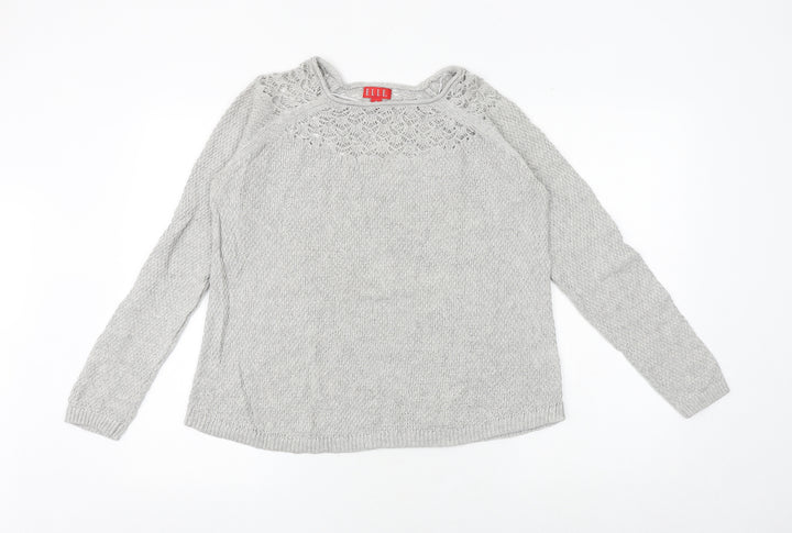 ELLE Womens Grey Round Neck Cotton Pullover Jumper Size M
