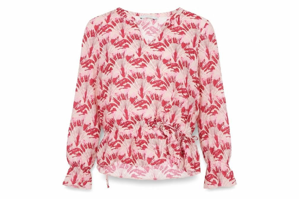 Front view of Coster Copenhogen women’s pink geometric viscose basic blouse, size UK 6, v-neck