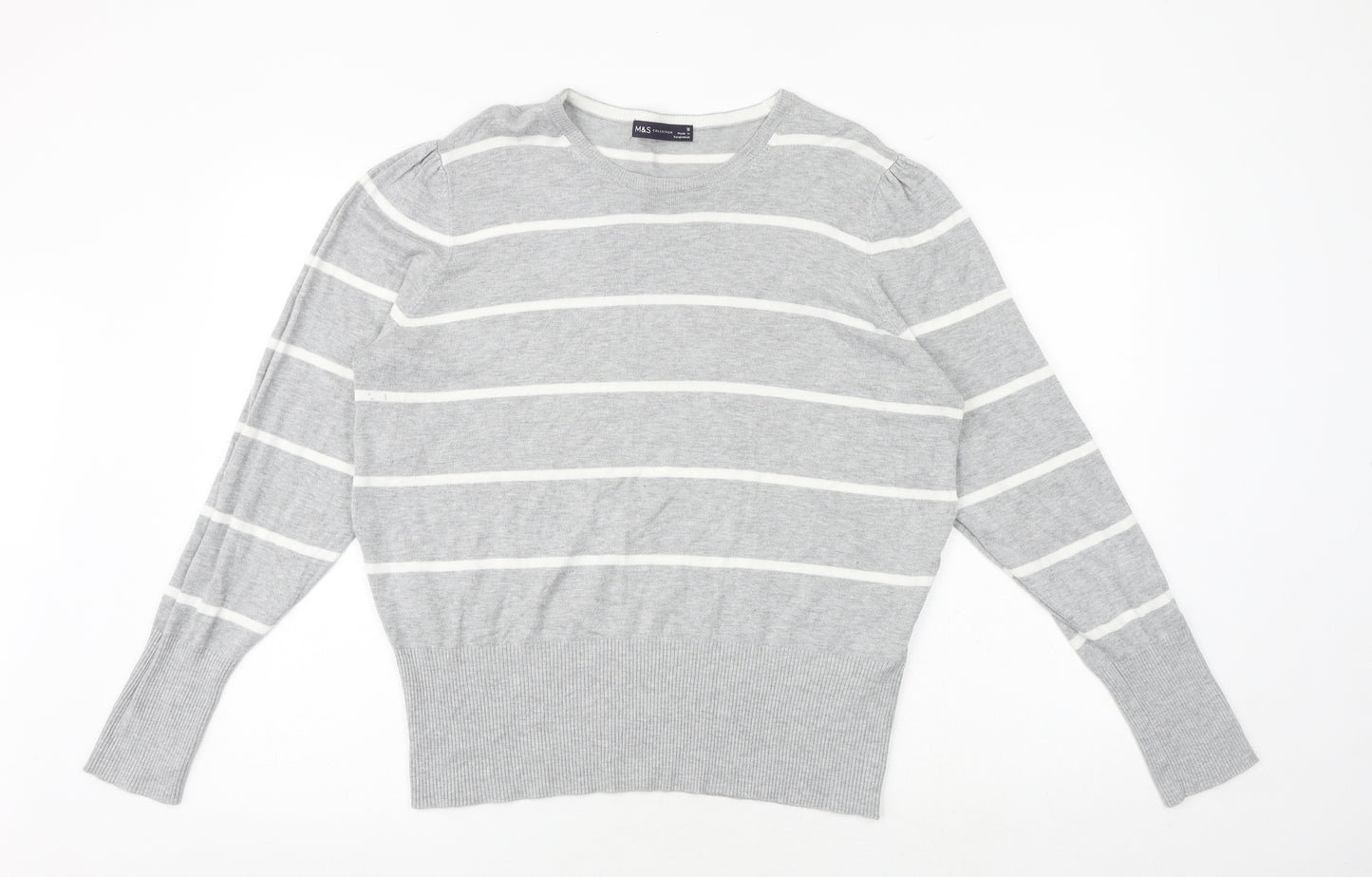 Marks and Spencer Womens Grey Round Neck Striped Viscose Pullover Jumper Size 18
