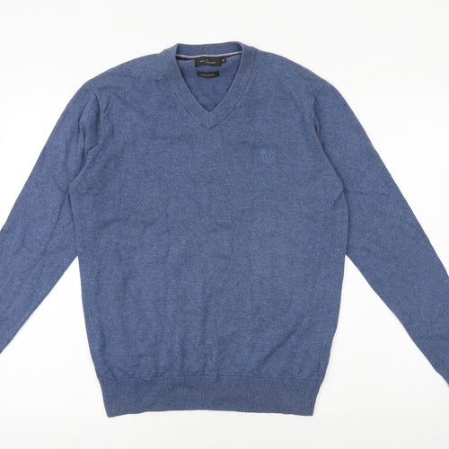 Jeff Banks Mens Blue V-Neck Cotton Pullover Jumper Size S Long Sleeve