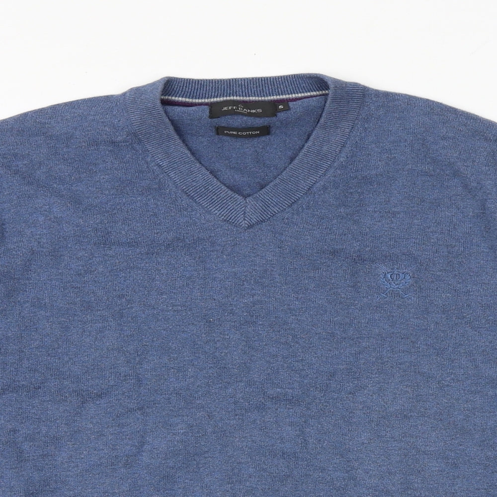 Jeff Banks Mens Blue V-Neck Cotton Pullover Jumper Size S Long Sleeve