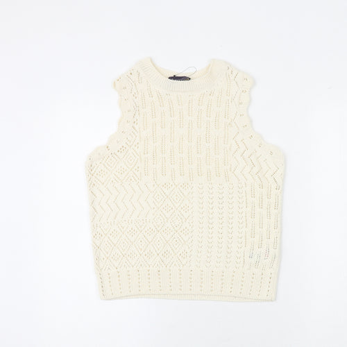 Marks and Spencer Womens Ivory Round Neck Geometric Cotton Vest Jumper Size S