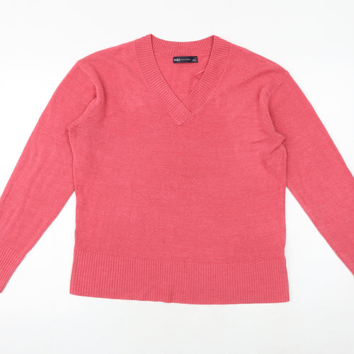 Marks and Spencer Womens Pink V-Neck Acrylic Pullover Jumper Size 12