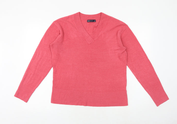 Marks and Spencer Womens Pink V-Neck Acrylic Pullover Jumper Size 12