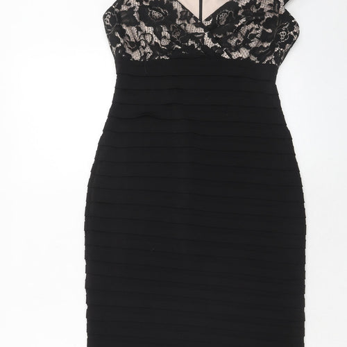 Linea Womens Black Floral Polyester Bodycon Size 8 V-Neck Zip