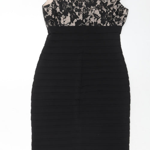 Linea Womens Black Floral Polyester Bodycon Size 8 V-Neck Zip