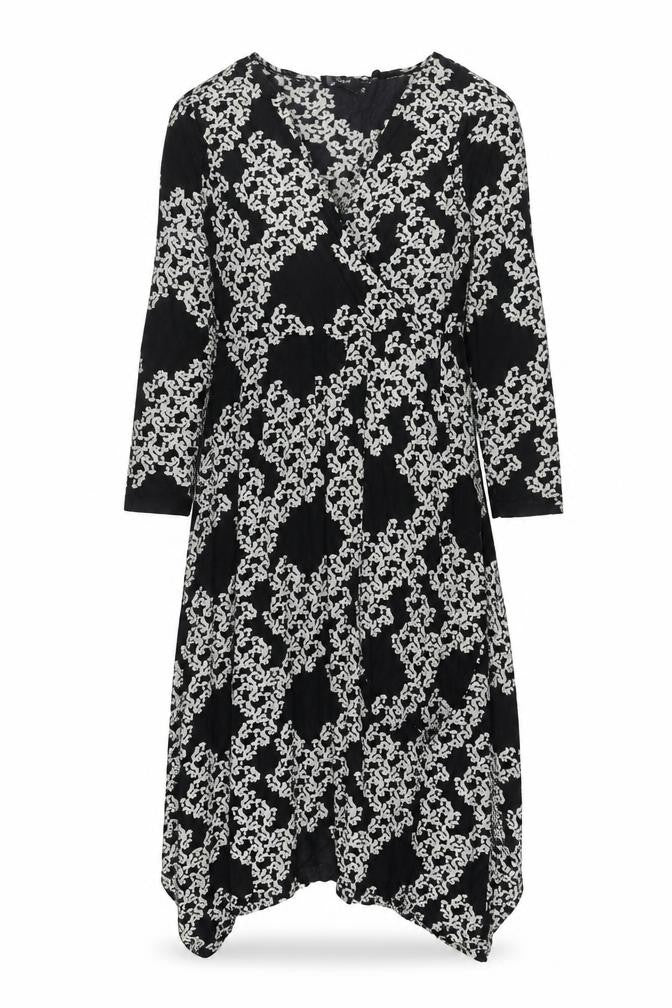 Front view of FLOWER women’s black geometric polyester trapeze & swing, size UK 12, v-neck pullover