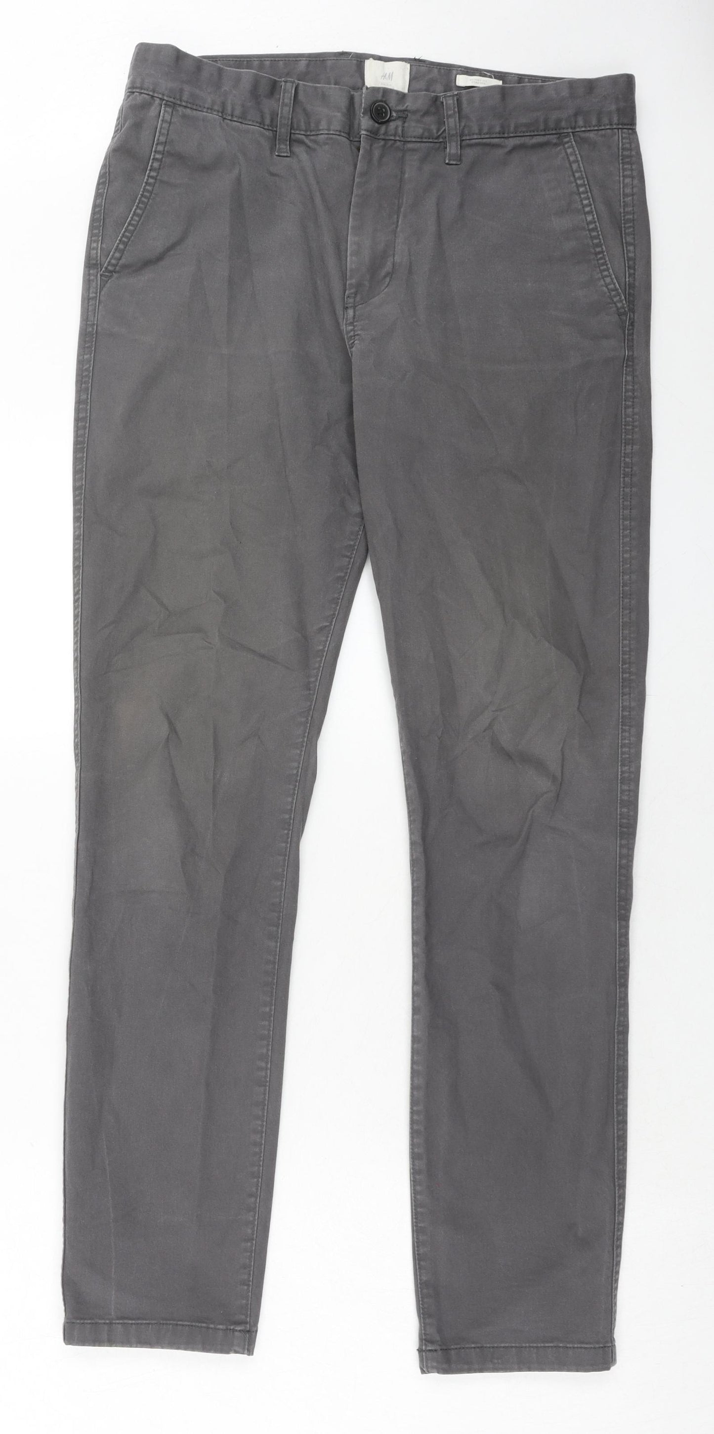 H&M Mens Grey Cotton Trousers Size 32 in Regular Zip