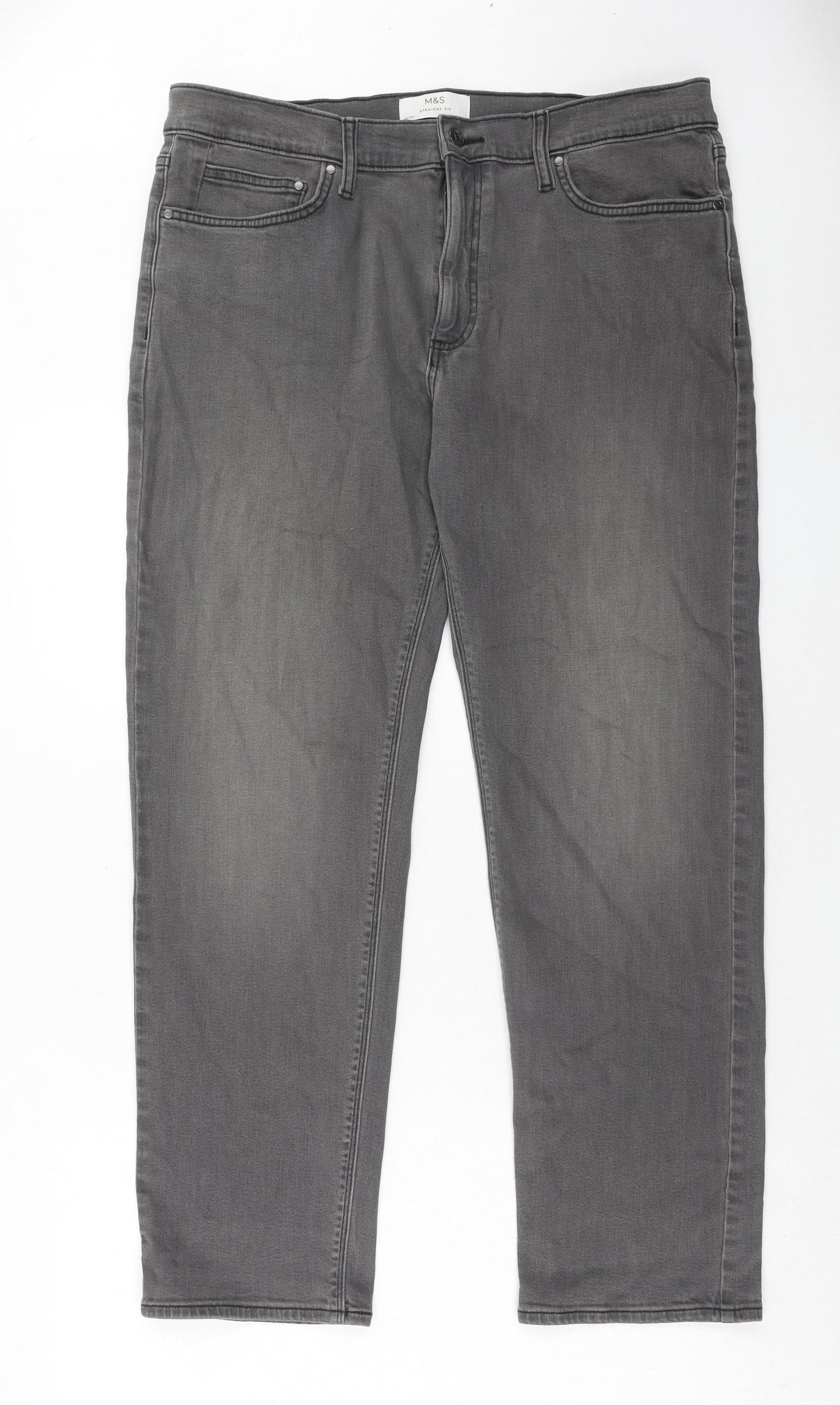Marks and Spencer Mens Grey Cotton Straight Jeans Size 36 in L31 in Regular Zip