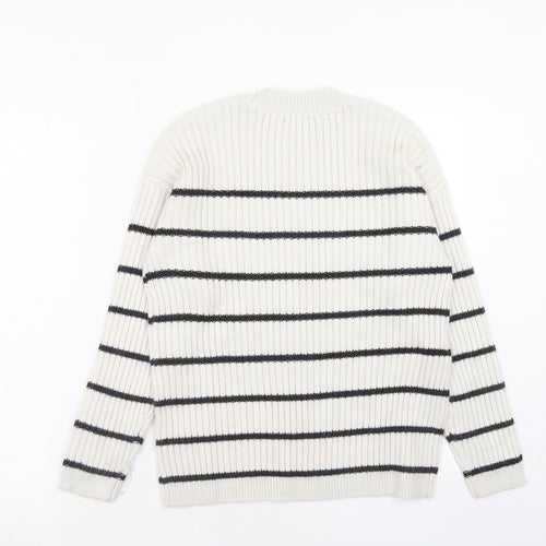 Marks and Spencer Womens White Round Neck Striped Acrylic Pullover Jumper Size S
