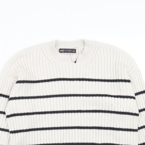 Marks and Spencer Womens White Round Neck Striped Acrylic Pullover Jumper Size S