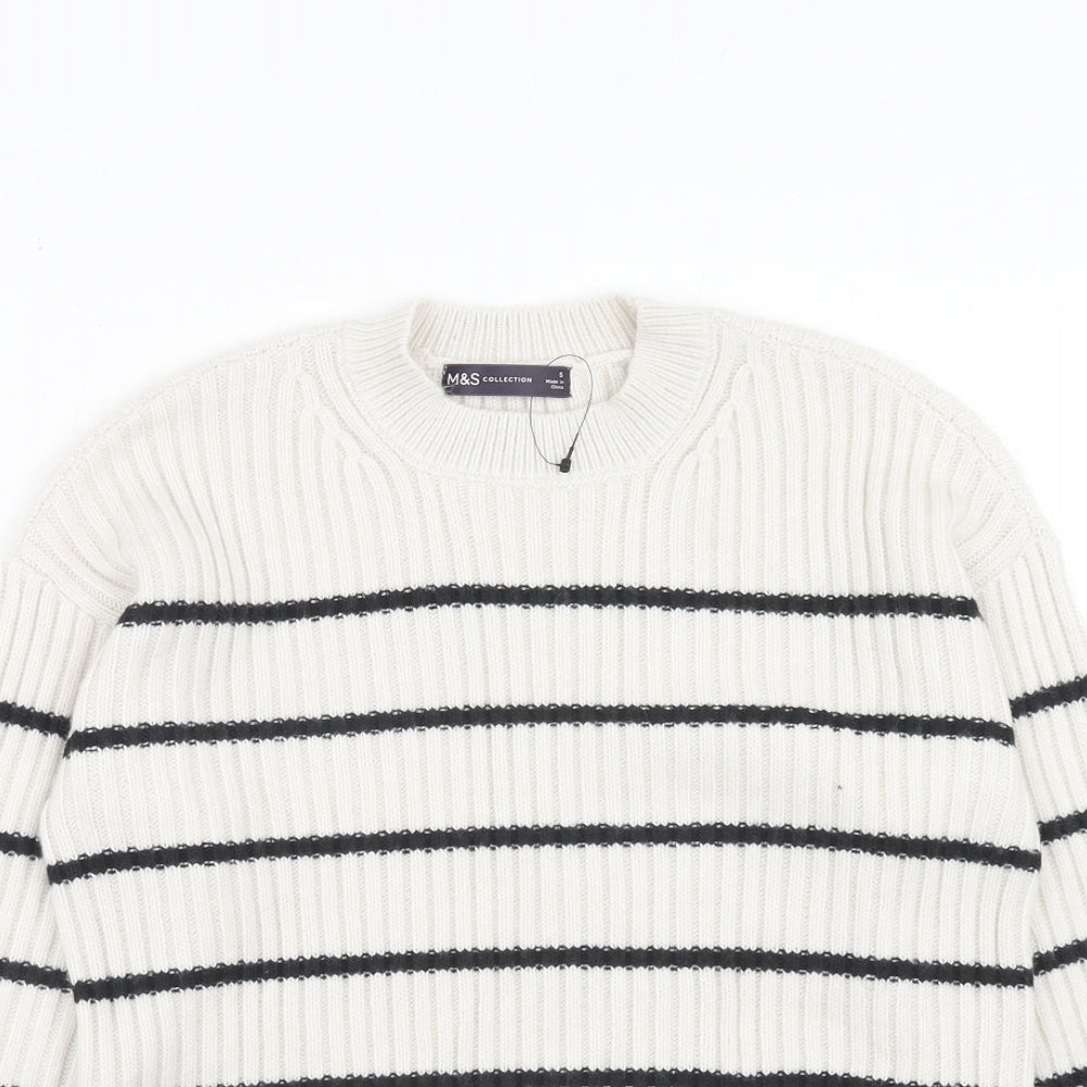 Marks and Spencer Womens White Round Neck Striped Acrylic Pullover Jumper Size S