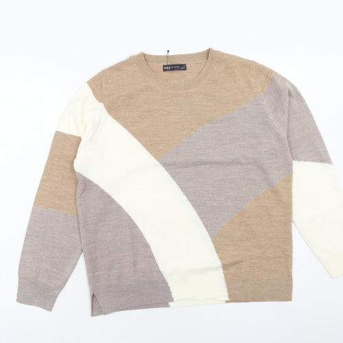 Marks and Spencer Womens Brown Round Neck Geometric Acrylic Pullover Jumper Size 16