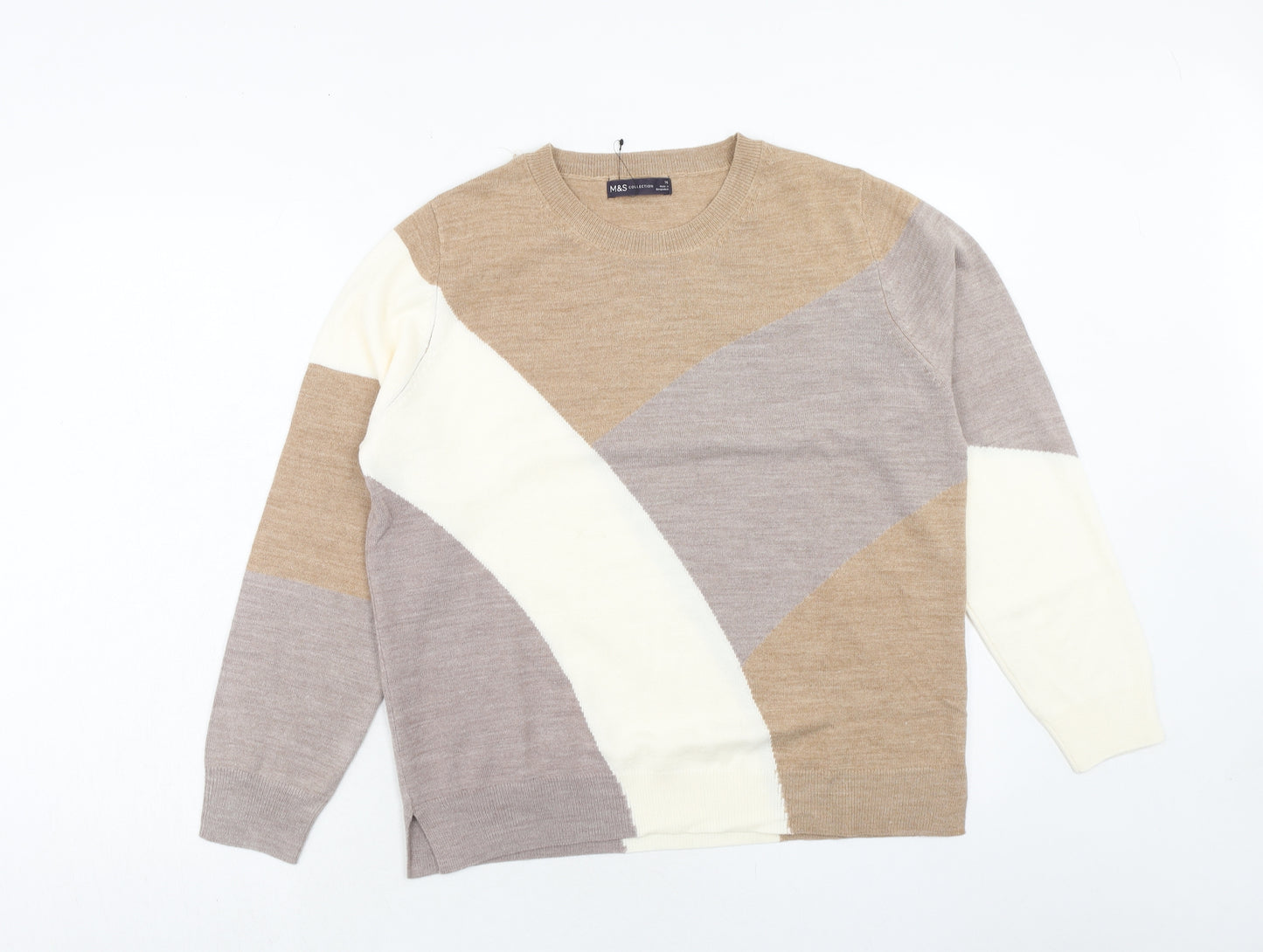 Marks and Spencer Womens Brown Round Neck Geometric Acrylic Pullover Jumper Size 16